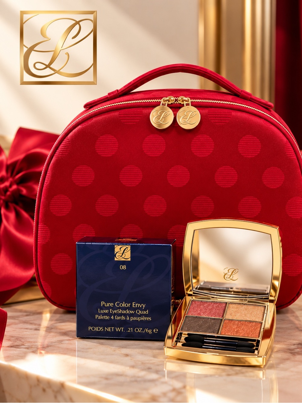✨ Elegant Estée Lauder Red Satin Set + Luxe Eyeshadow & Cosmetic Travel Case ⭐️👠